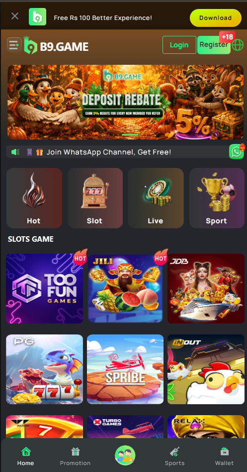 B9 Game app home screen showing slot games, live categories and rewards