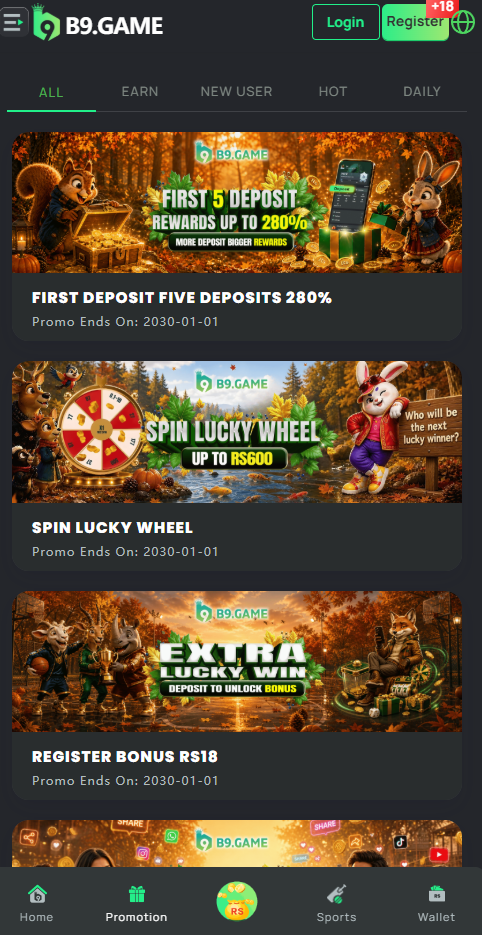 B9 Game app promotions screen with first deposit rewards